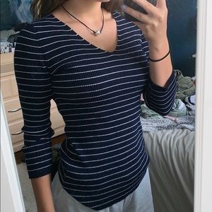 philosophy navy blue and white strip v neck